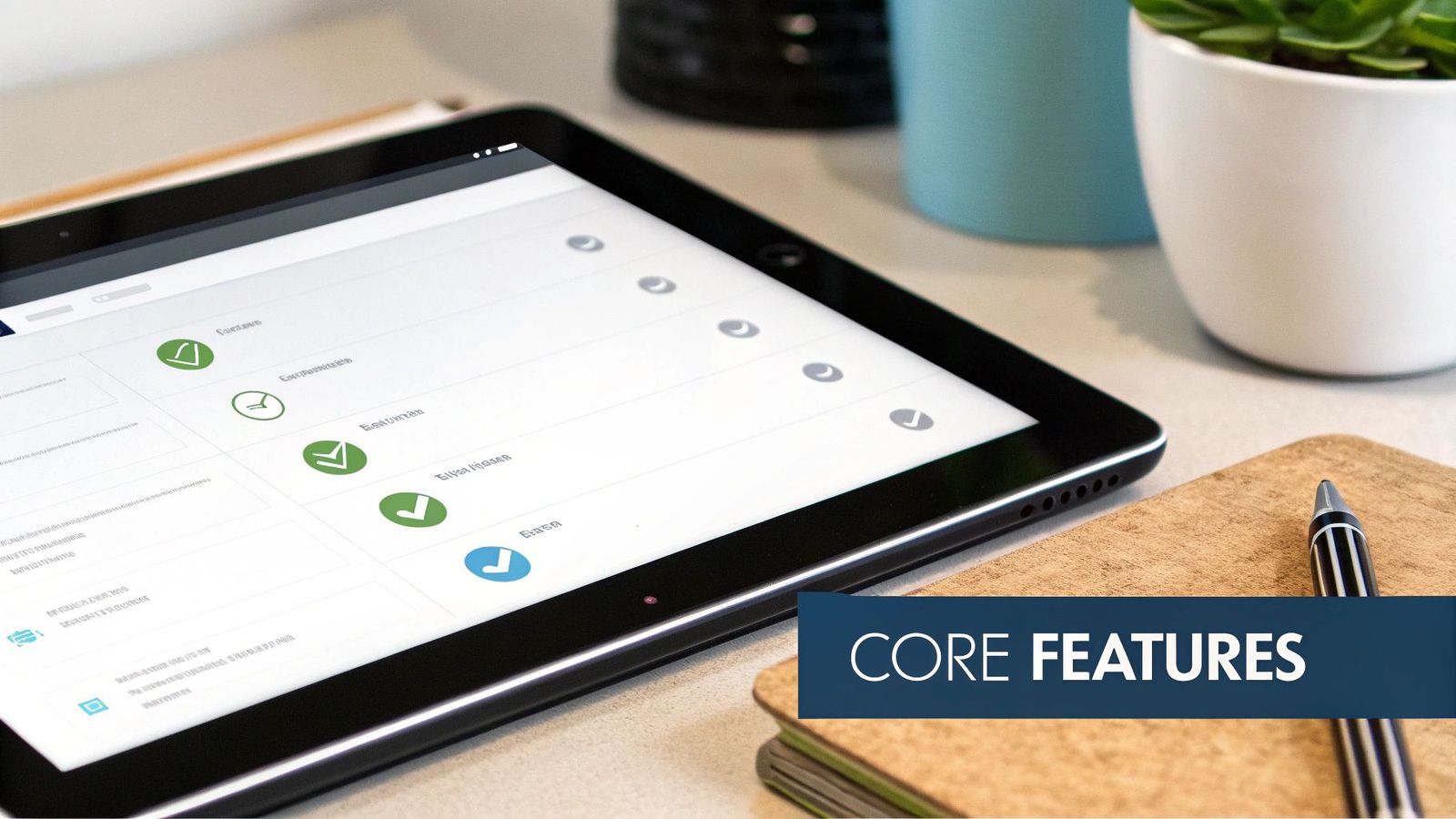 Close-up of a tablet screen displaying 'CORE FEATURES' and a list of items with various checkmark icons, next to a notebook and pen.