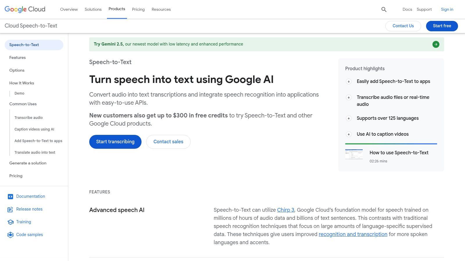 Google Cloud Speech-to-Text interface showing API options and documentation