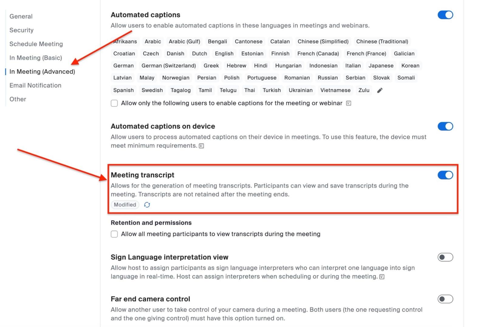 Settings to enable Meeting transcript in Zoom