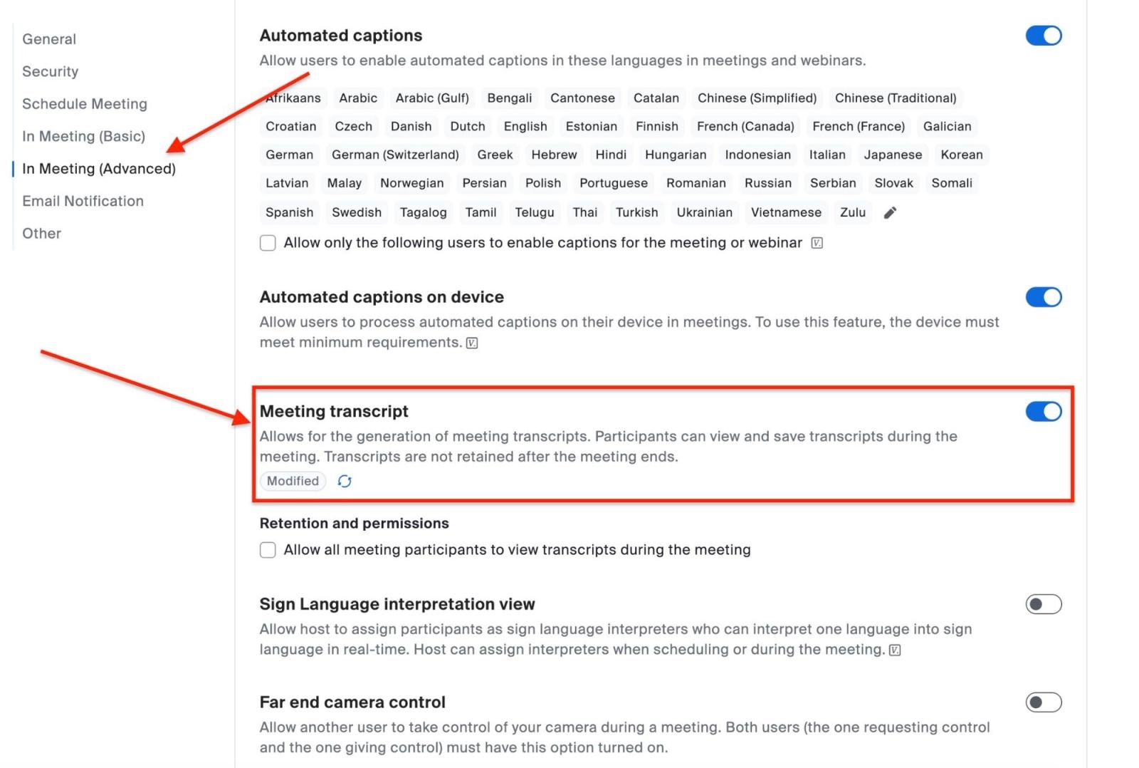 Settings to enable Meeting transcript in Zoom