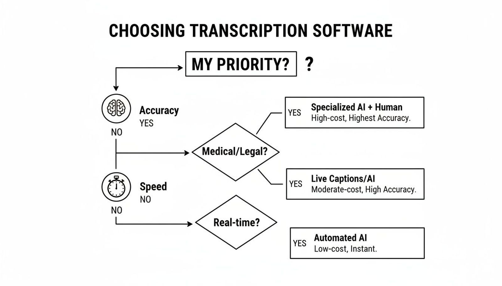Flowchart for choosing transcription software based on accuracy, speed, and specific needs like medical/legal or real-time.