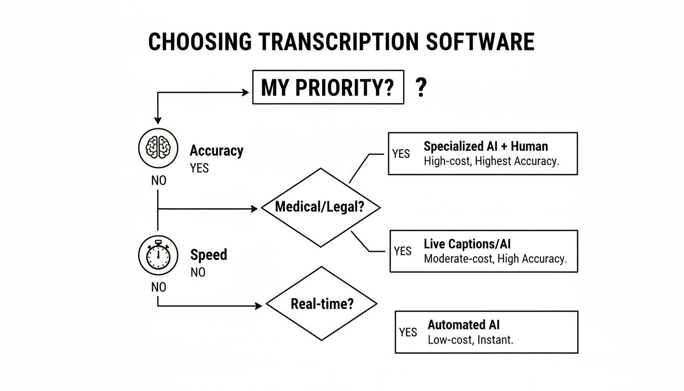 Flowchart for choosing transcription software based on accuracy, speed, and specific needs like medical/legal or real-time.
