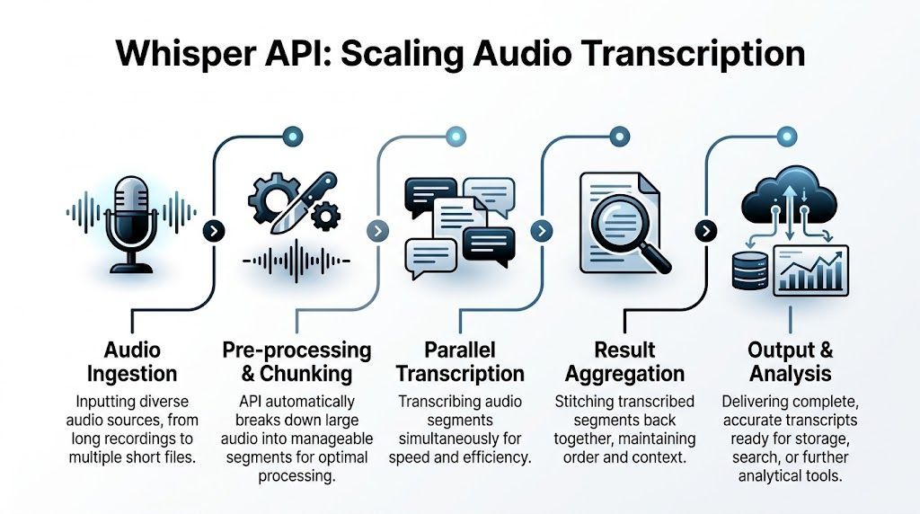 A diagram illustrating the Whisper API process for scaling audio transcription from ingestion to final analysis.
