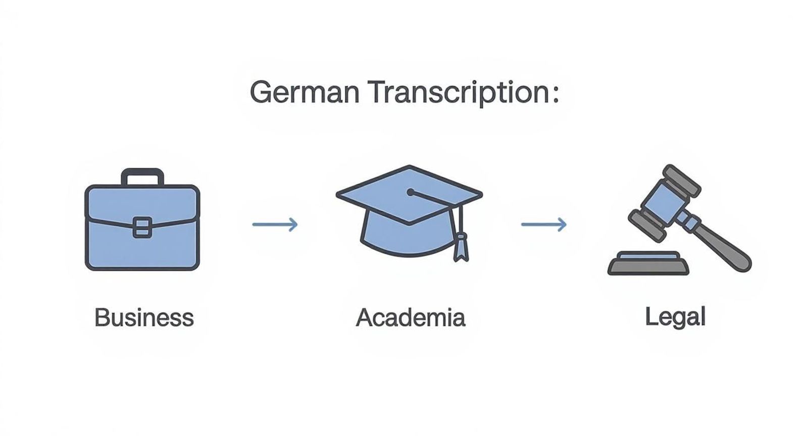 German transcription services progression from business briefcase through academia graduation cap to legal gavel illustration