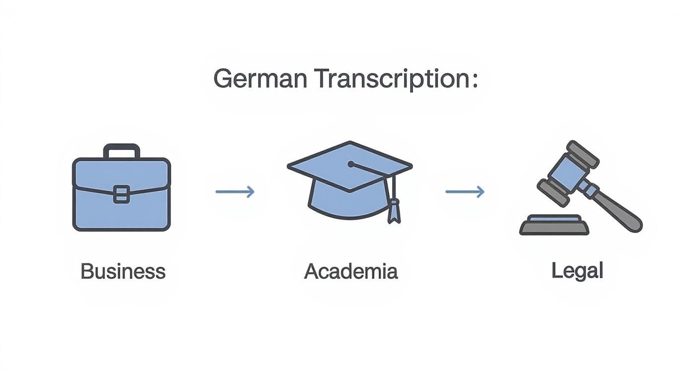 German transcription services progression from business briefcase through academia graduation cap to legal gavel illustration