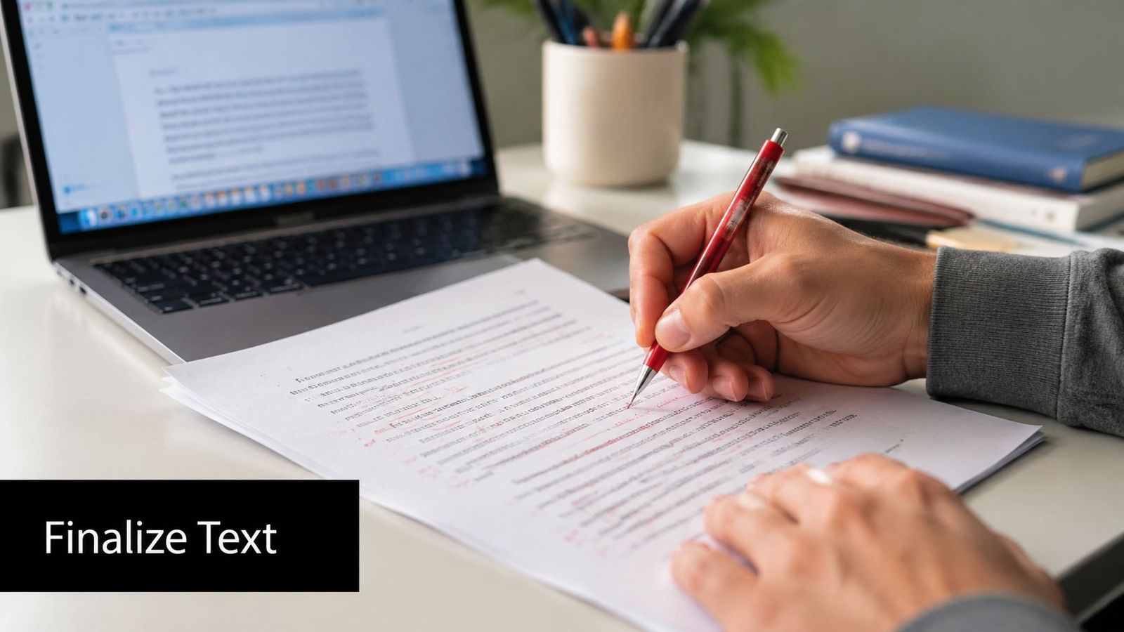 A close-up of a person editing a document on paper with a red pen near a laptop.