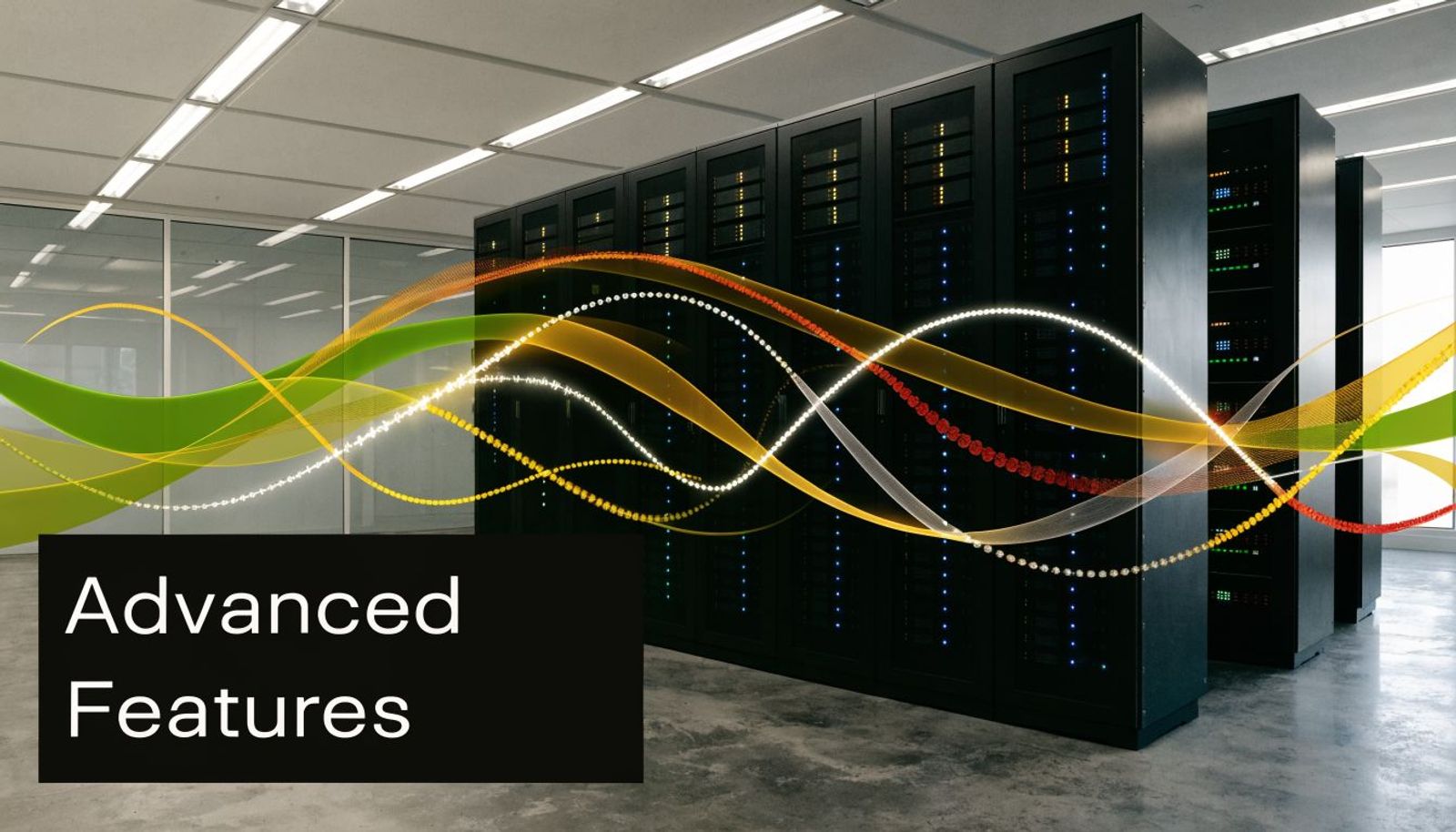 Server room with black computer server racks and abstract glowing data waves in a data center.