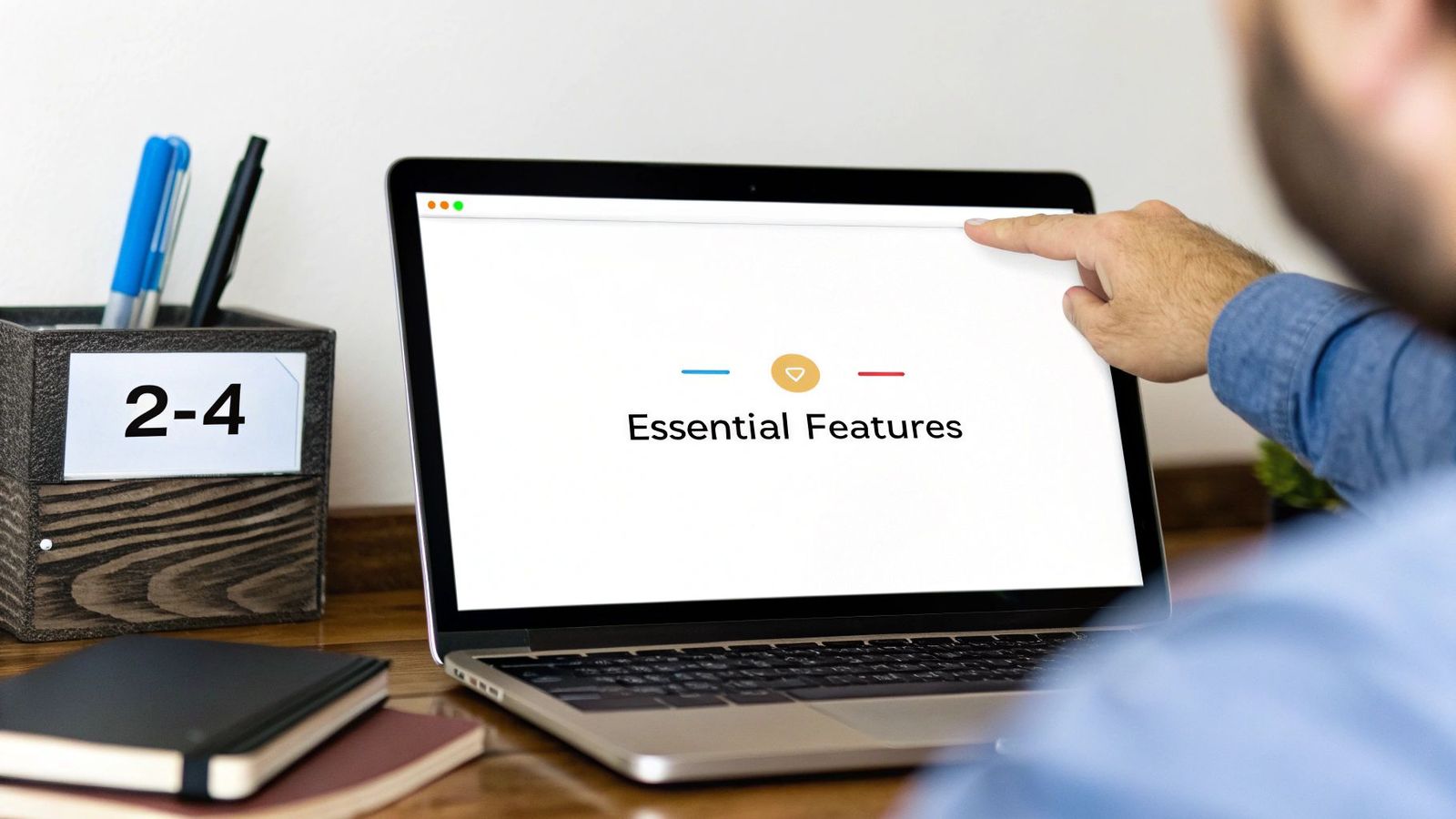 Close-up of a hand interacting with a laptop displaying 'Essential Features' on a white screen.