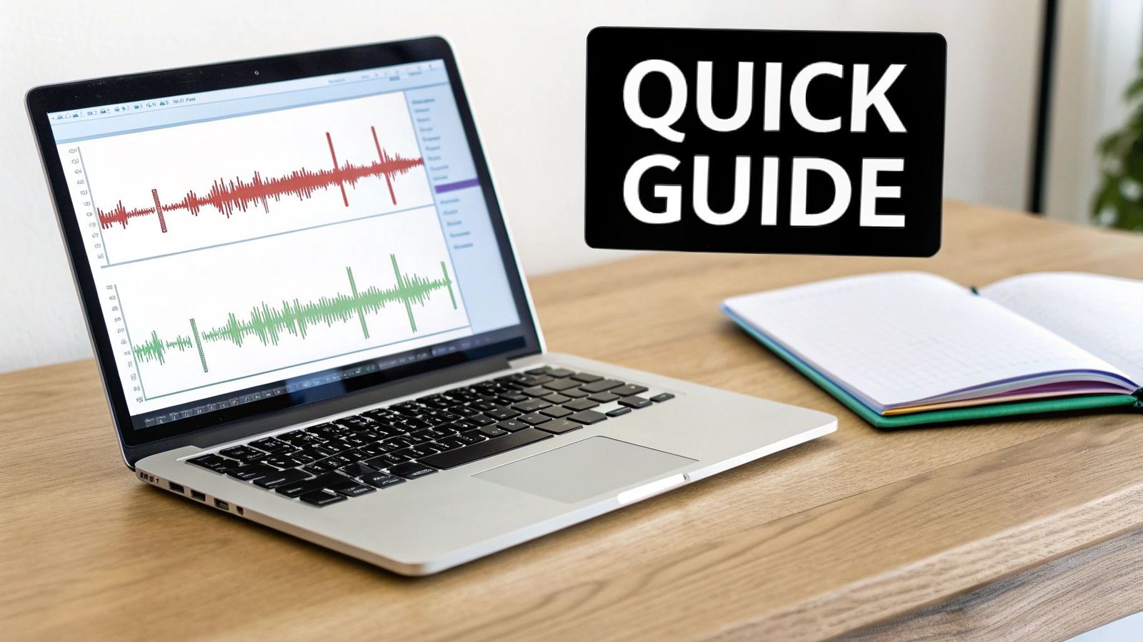 A laptop on a wooden desk displays audio waveforms with a 'QUICK GUIDE' overlay and an open notebook.