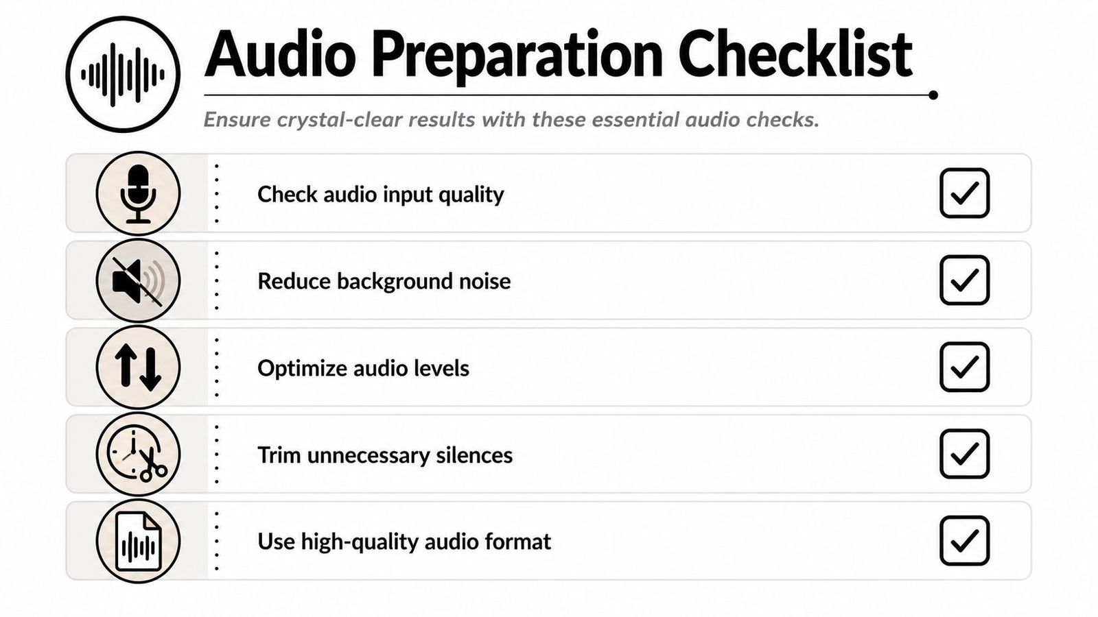 An infographic checklist for audio preparation featuring five essential steps for improving recording and sound quality.