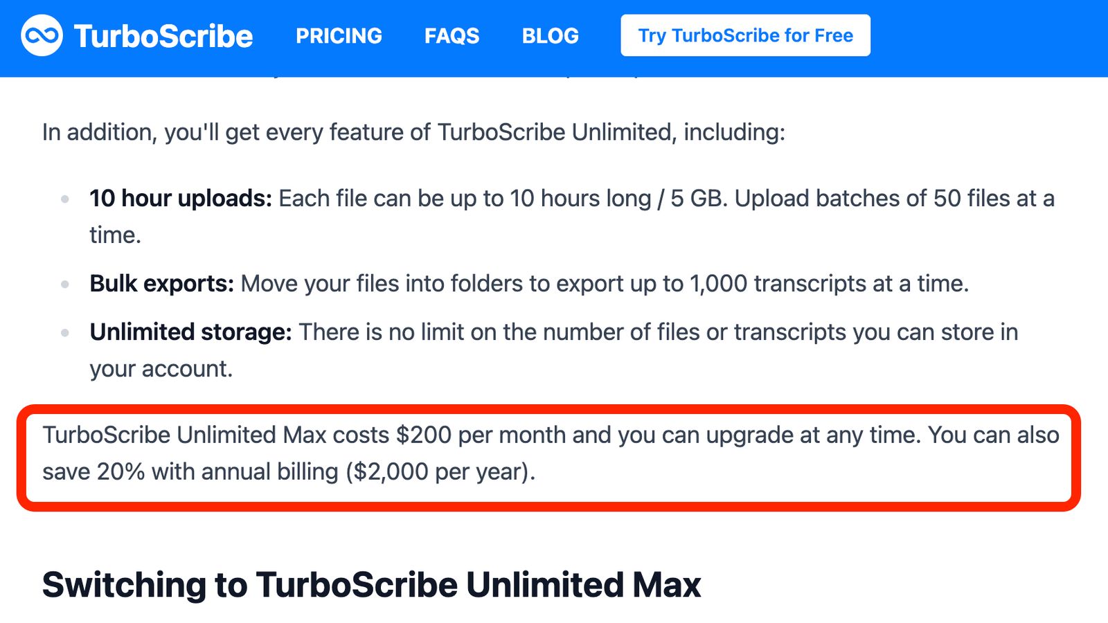 TurboScribe Unlimited Max pricing details