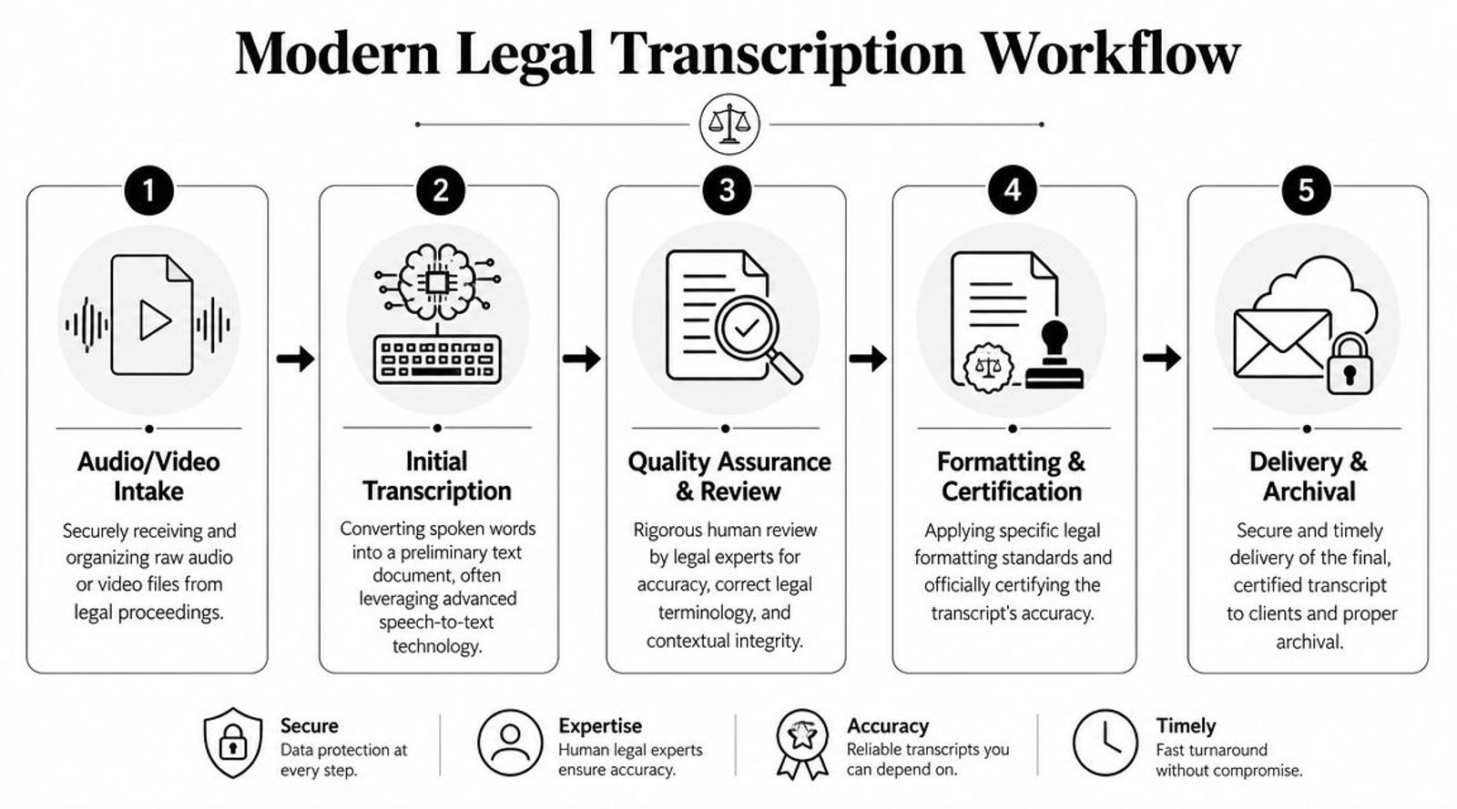 A flowchart showing the five steps of a modern legal transcription workflow from audio intake to archival.