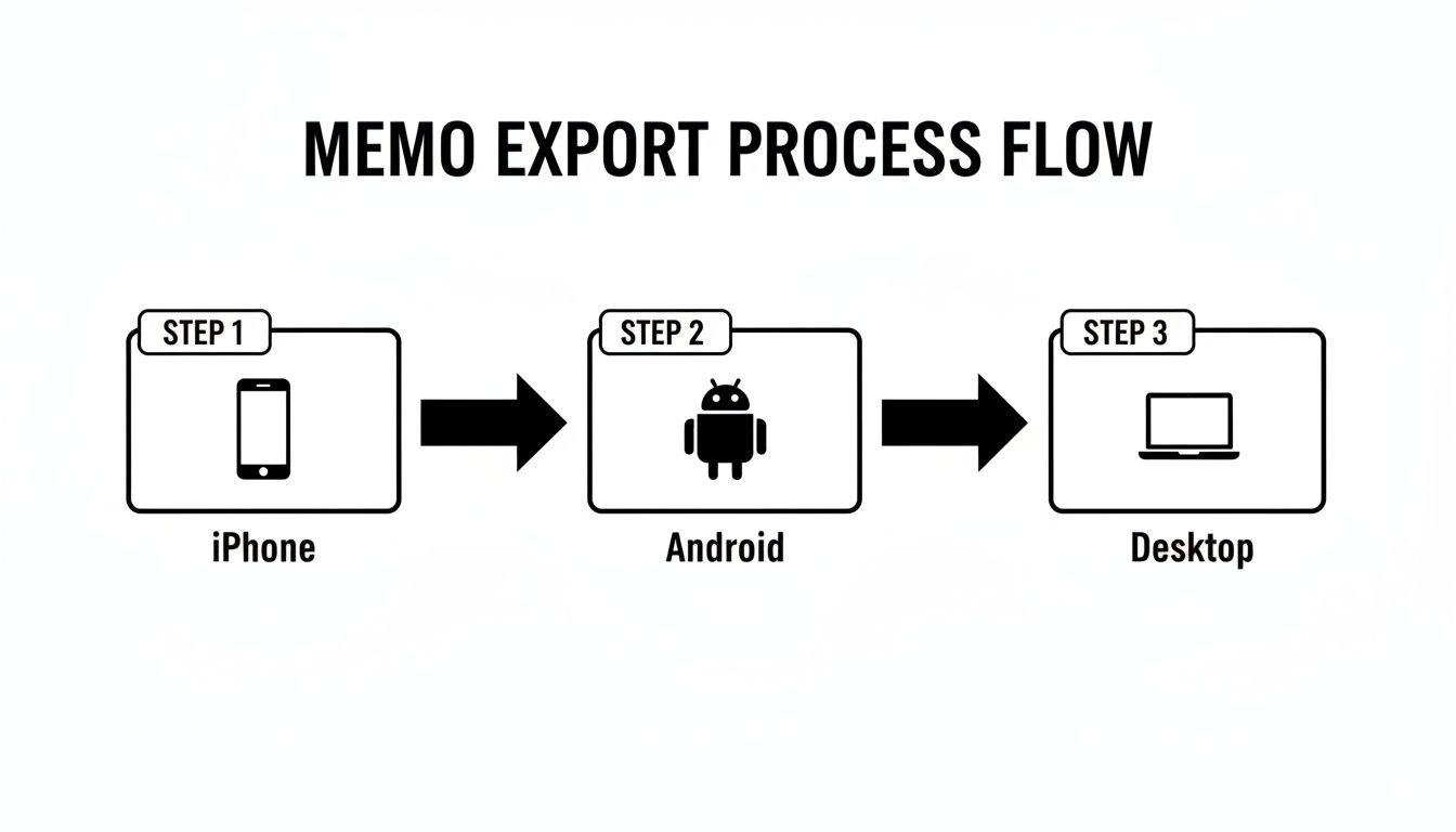 A diagram illustrating the memo export process flow from iPhone to Android to Desktop in three steps.