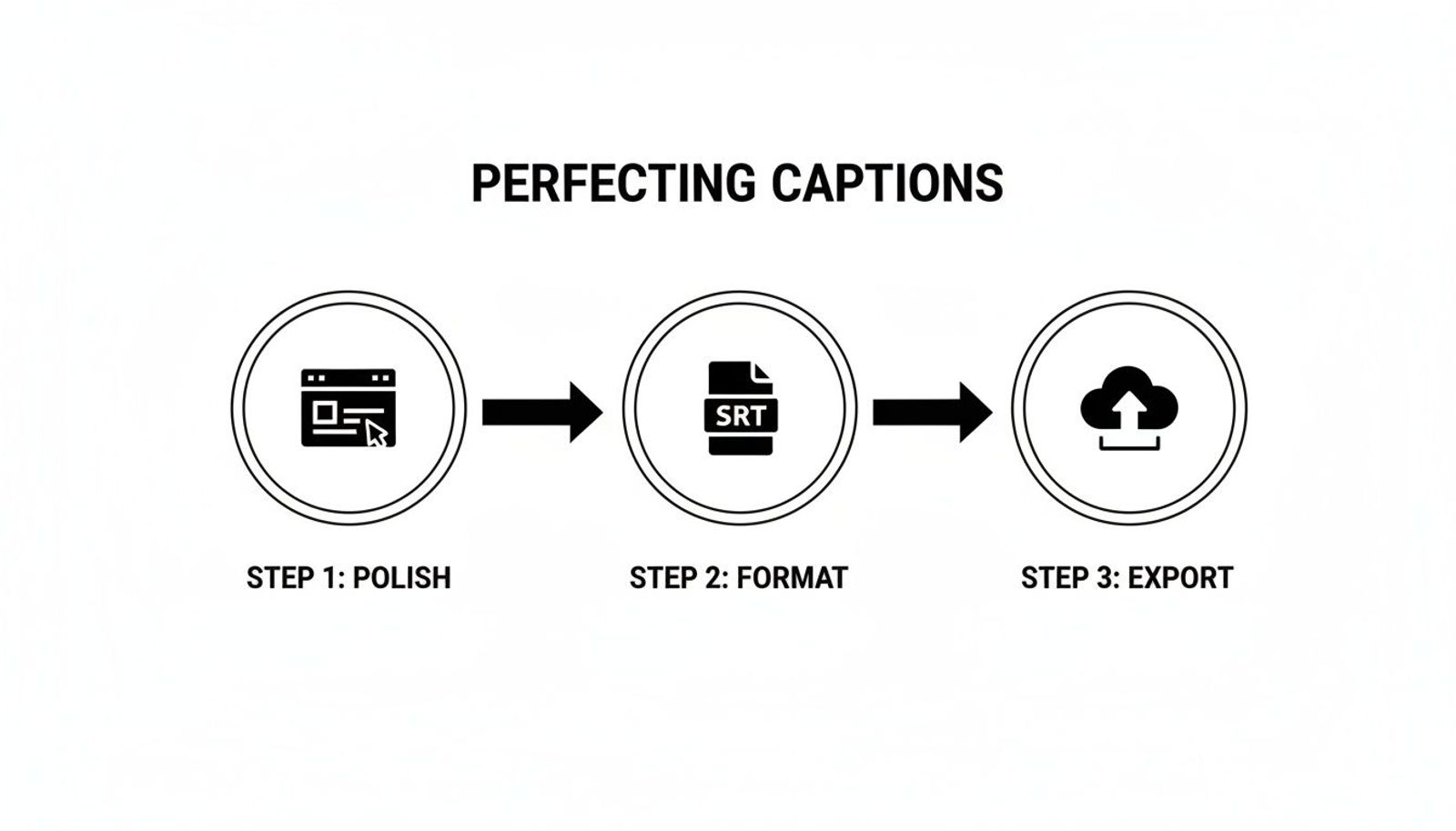 A visual flow diagram illustrating three steps for perfecting video captions: Polish, Format, and Export.