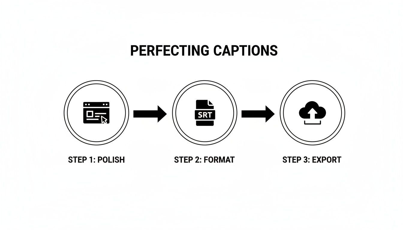A visual flow diagram illustrating three steps for perfecting video captions: Polish, Format, and Export.