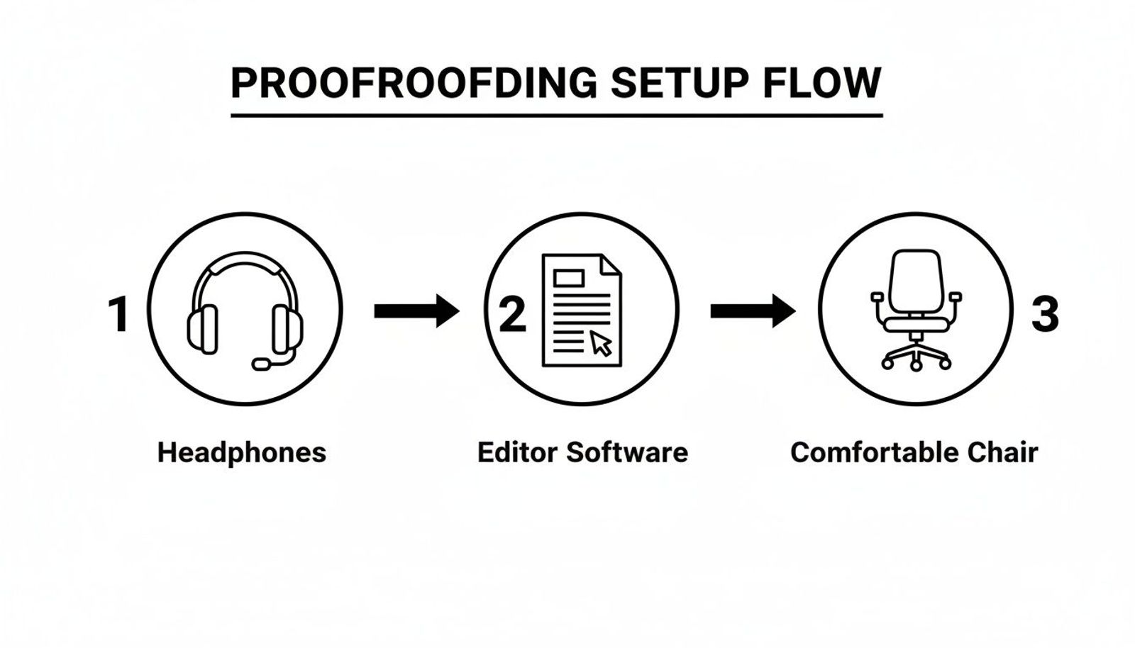 A three-step diagram outlining a proofreading setup flow: headphones, editor software, and a comfortable chair.
