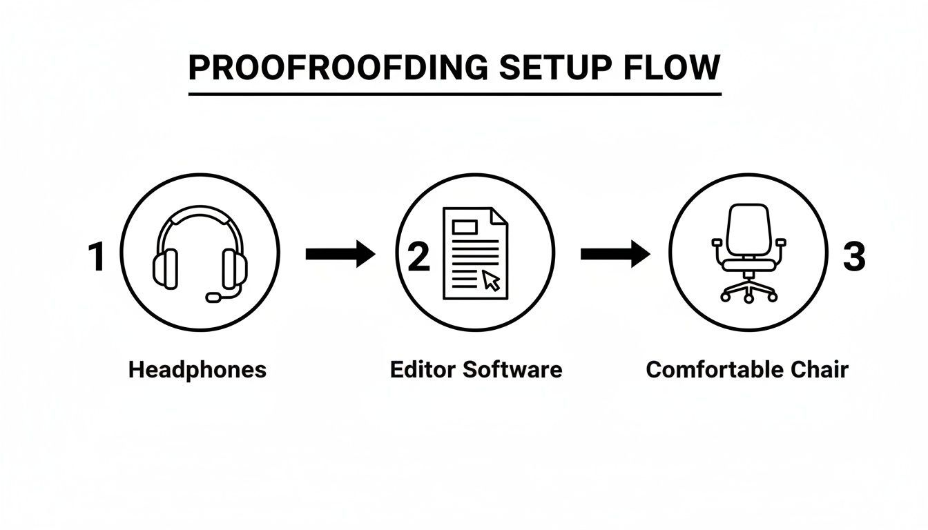 A three-step diagram outlining a proofreading setup flow: headphones, editor software, and a comfortable chair.