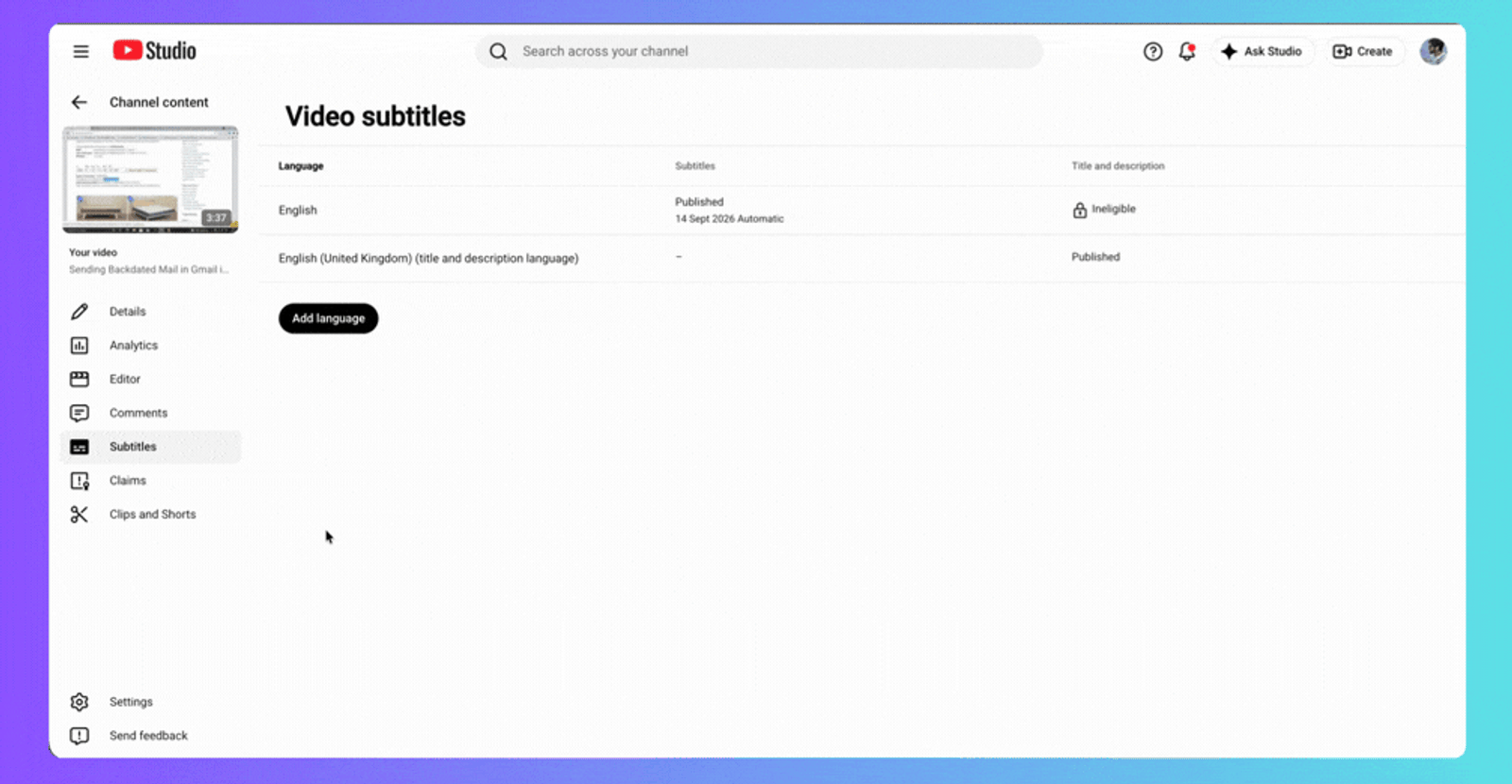 Downloading captions from YouTube Studio