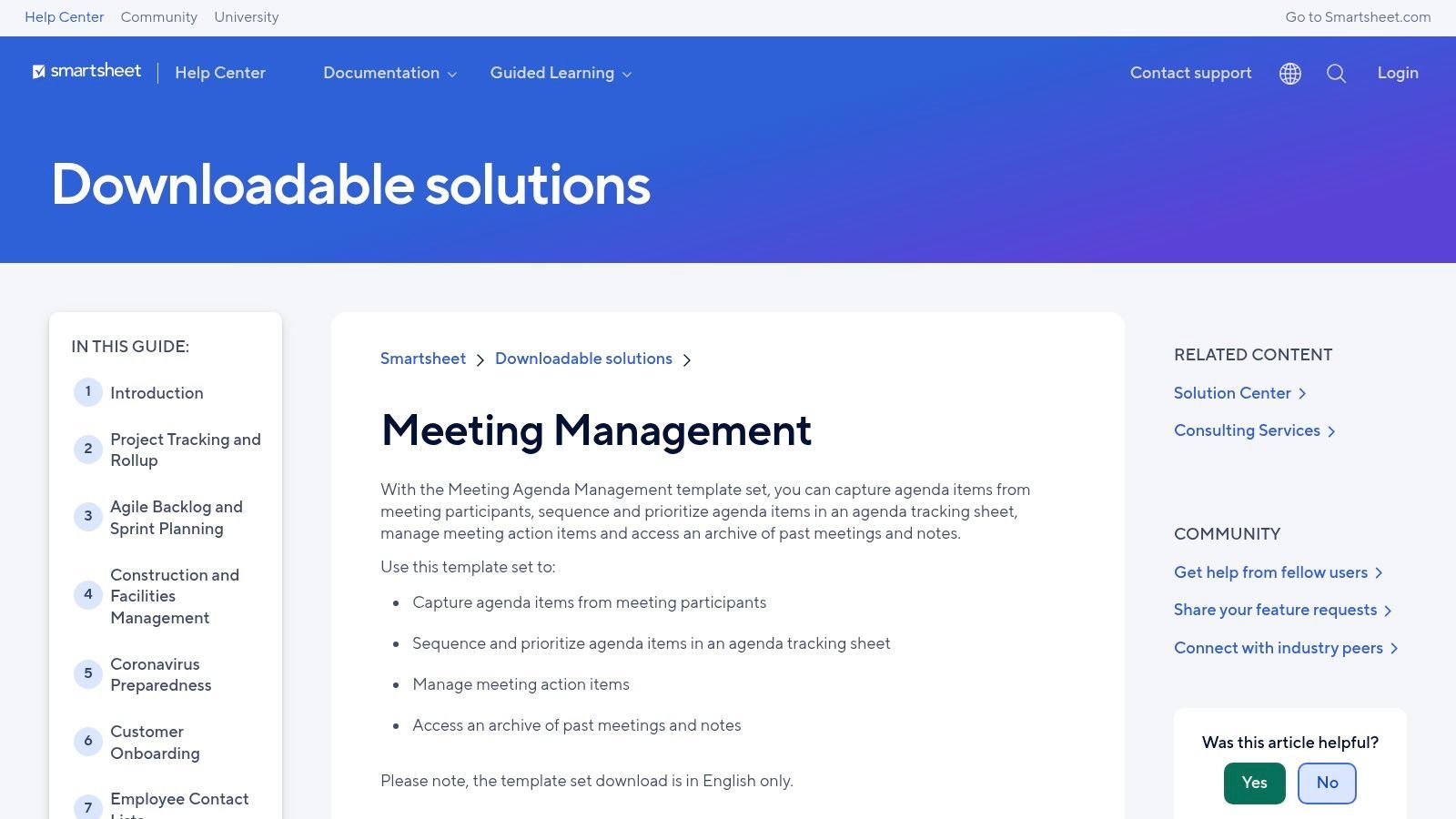 Smartsheet (Meeting Agenda/Minutes Template Set)