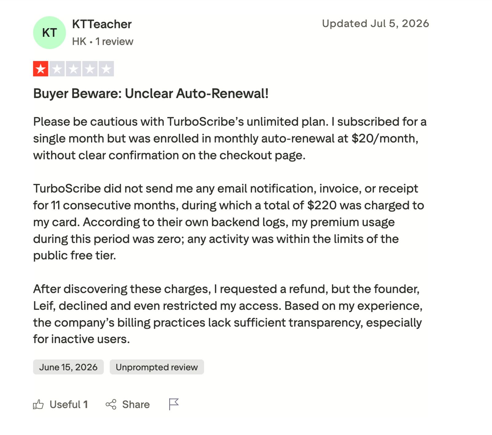 TurboScribe review reporting $220 charged over eleven months with no invoices