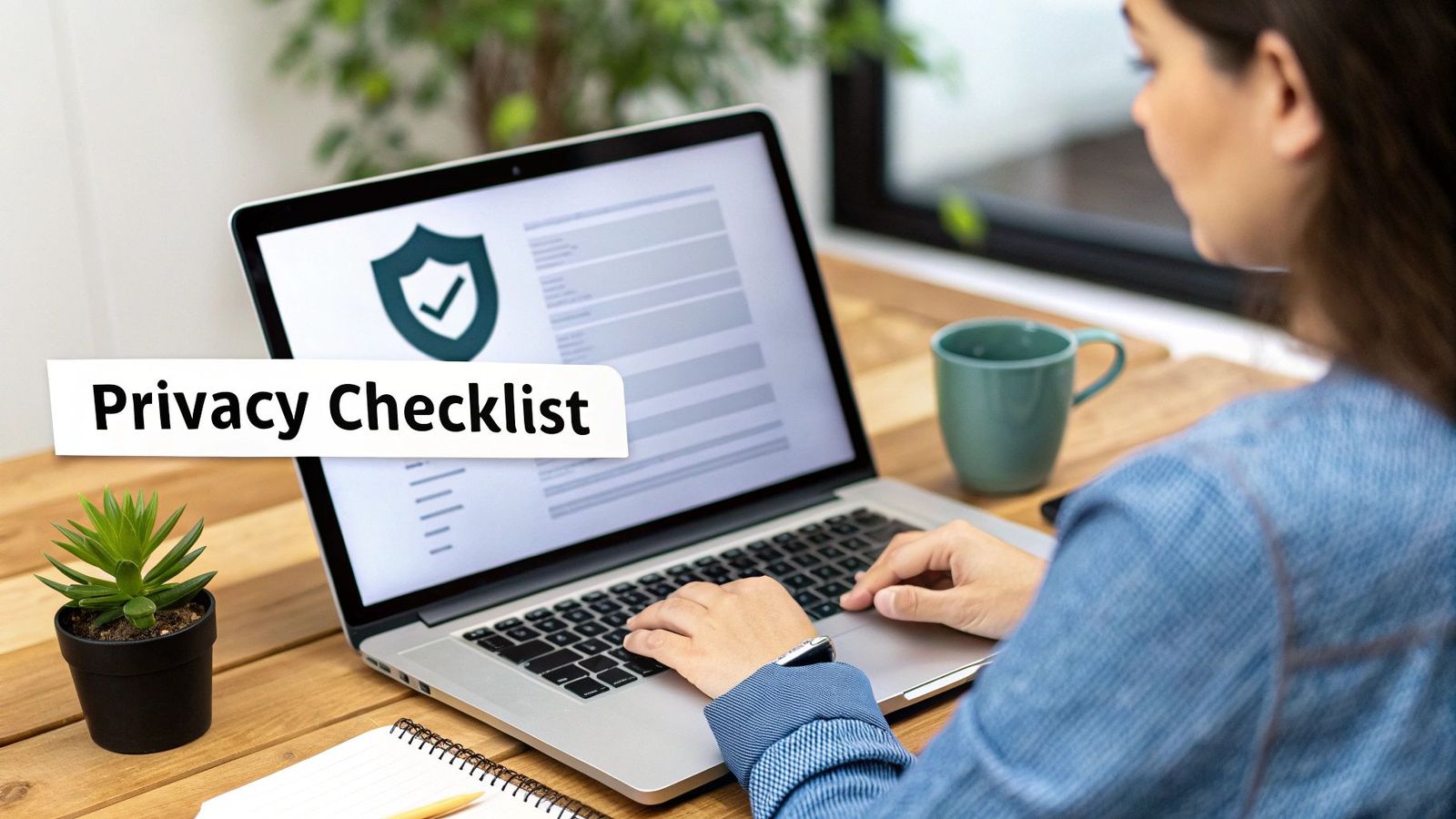 Woman reviewing privacy checklist on laptop with security shield icon displayed on screen
