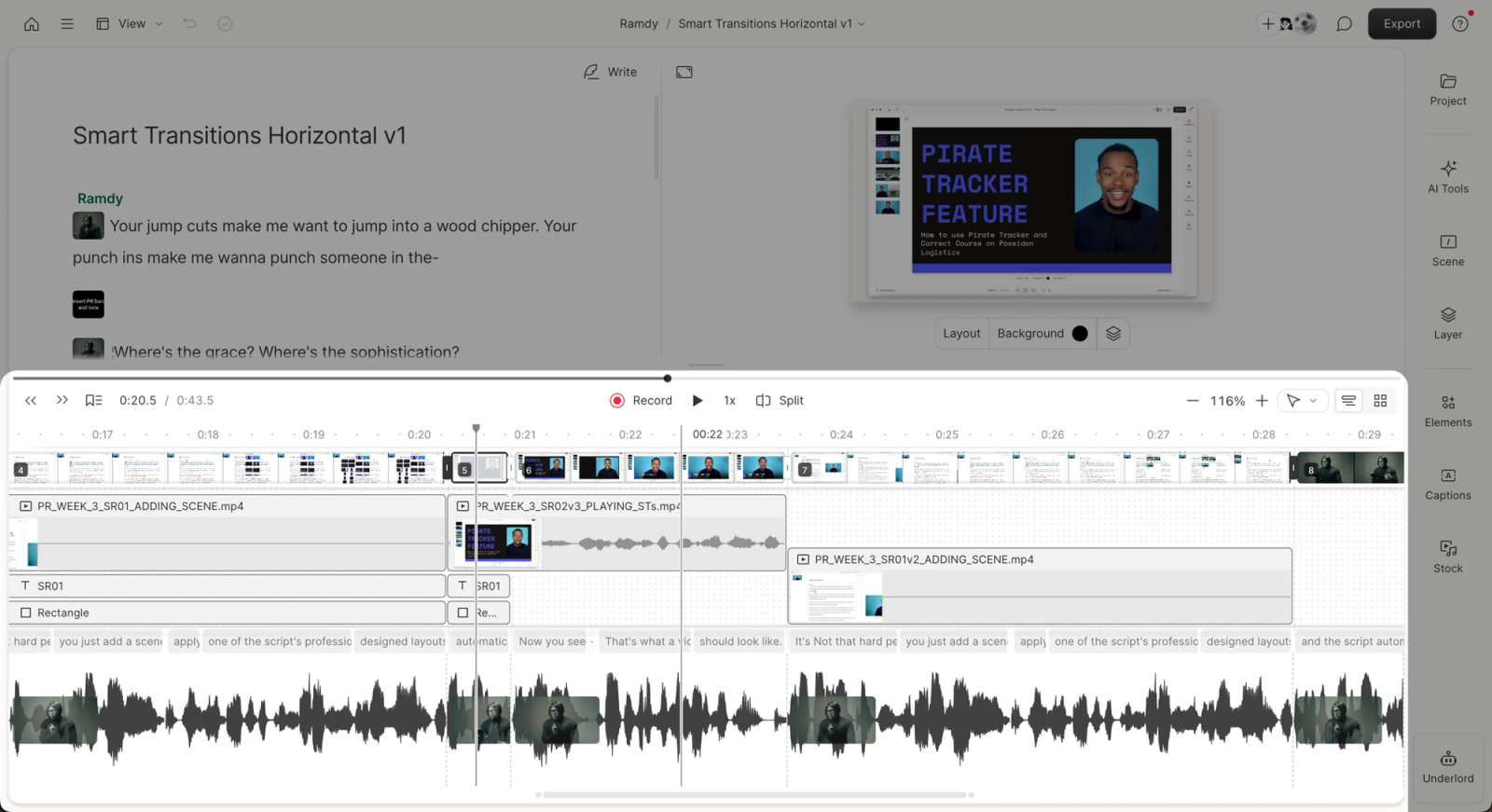 Descript timeline with the transcript driving the edit