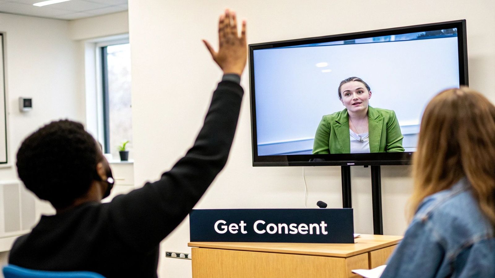 People in a hybrid meeting, one participant raises hand while speaker is on a screen.