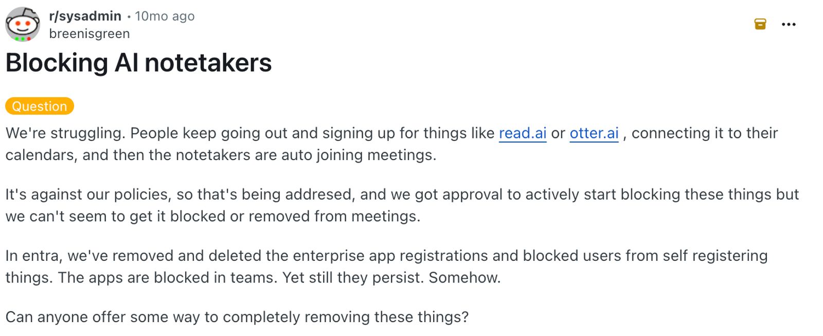 Reddit post - blocking AI notetakers
