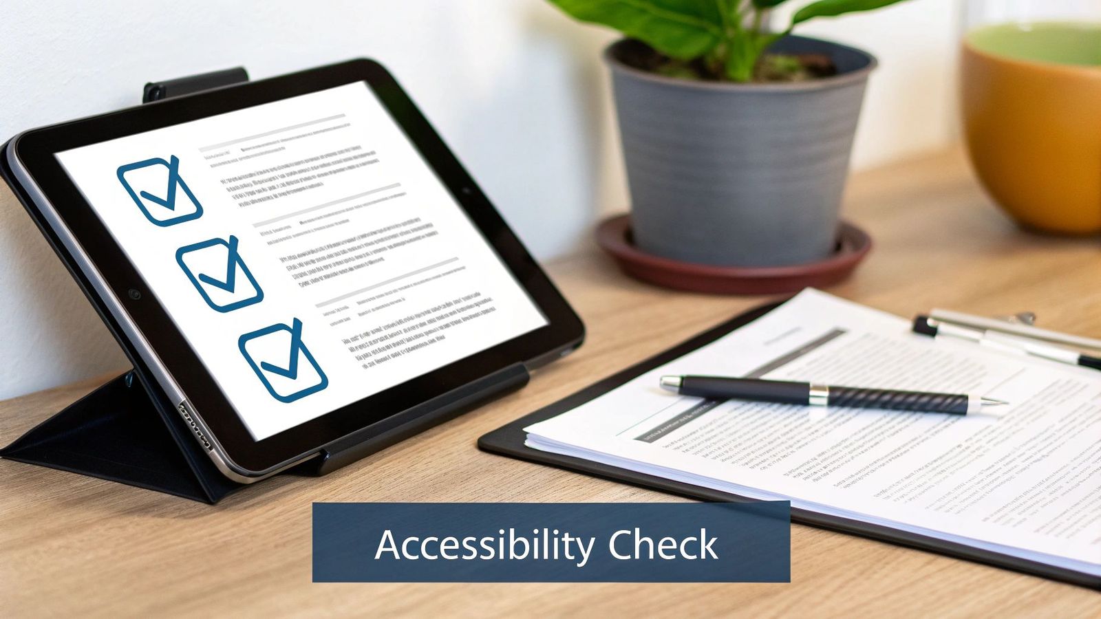 A magnifying glass hovering over a subtitle file on a computer screen, signifying a detailed quality check.