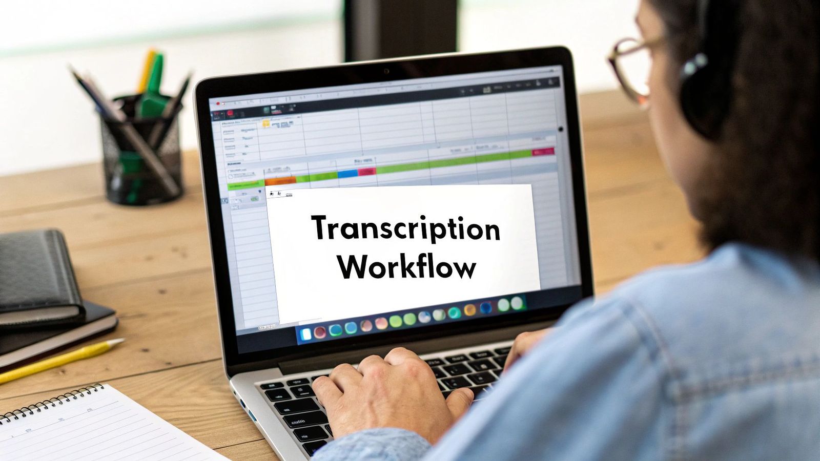 A person with headphones types on a laptop, displaying 'Transcription Workflow' on the screen.