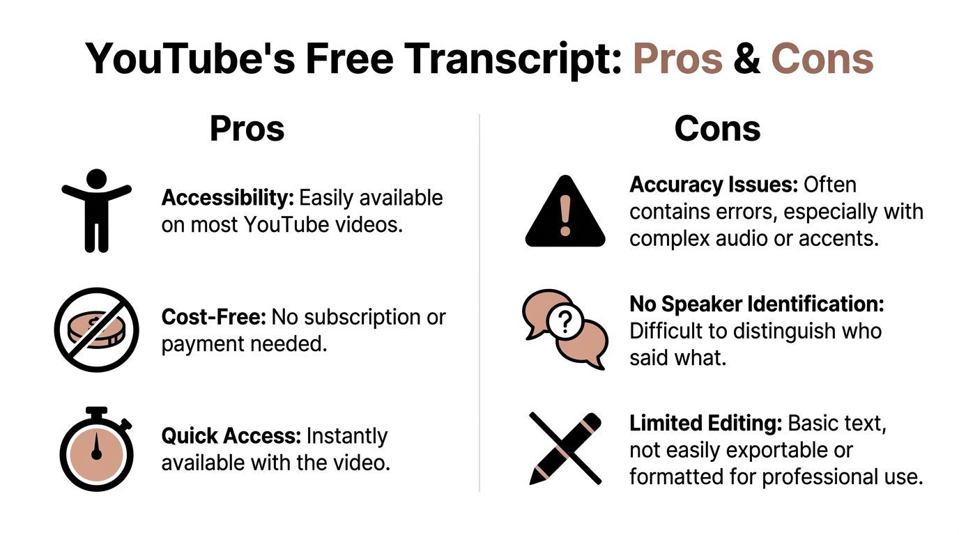 A comparison chart outlining the pros and cons of using YouTube's built-in free transcription service.