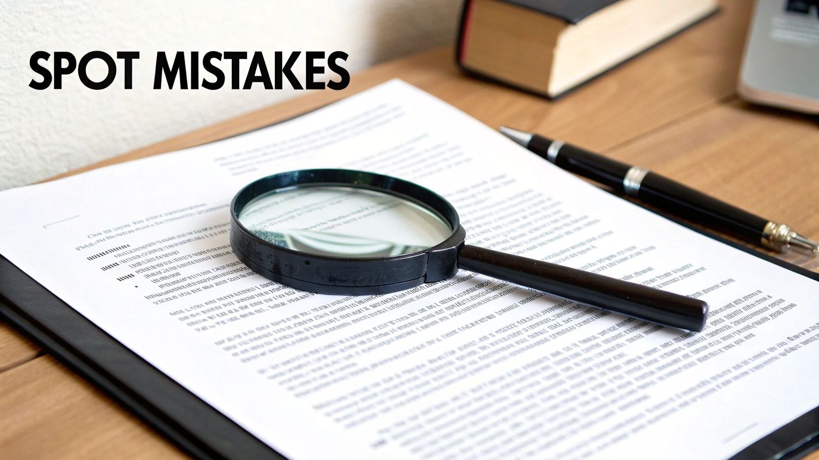 A magnifying glass on a document with a pen and book, emphasizing the task to 'SPOT MISTAKES'.