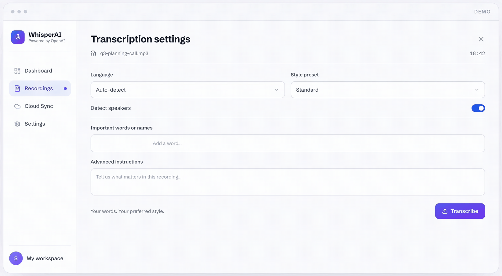Add important terms or phrases before transcription in WhisperAI