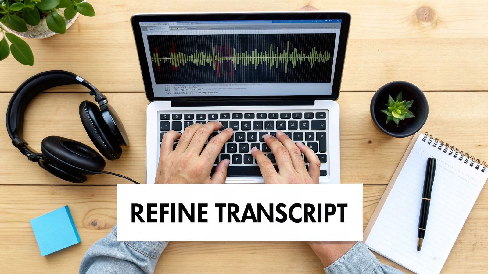 Person refining a transcript on a laptop with headphones, a waveform visible on screen.