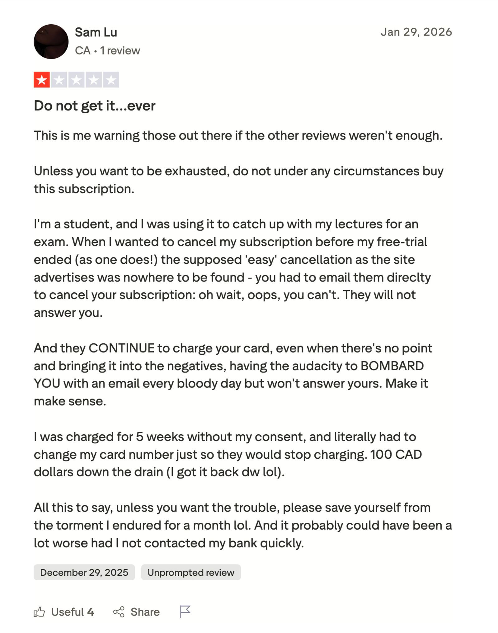 TurboScribe review describing five weeks of charges after attempting to cancel