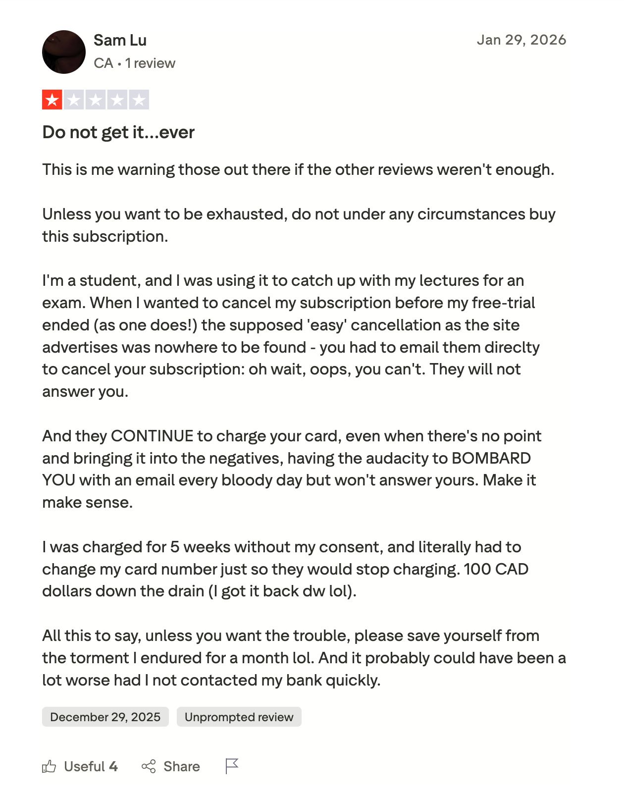 TurboScribe review describing five weeks of charges after attempting to cancel
