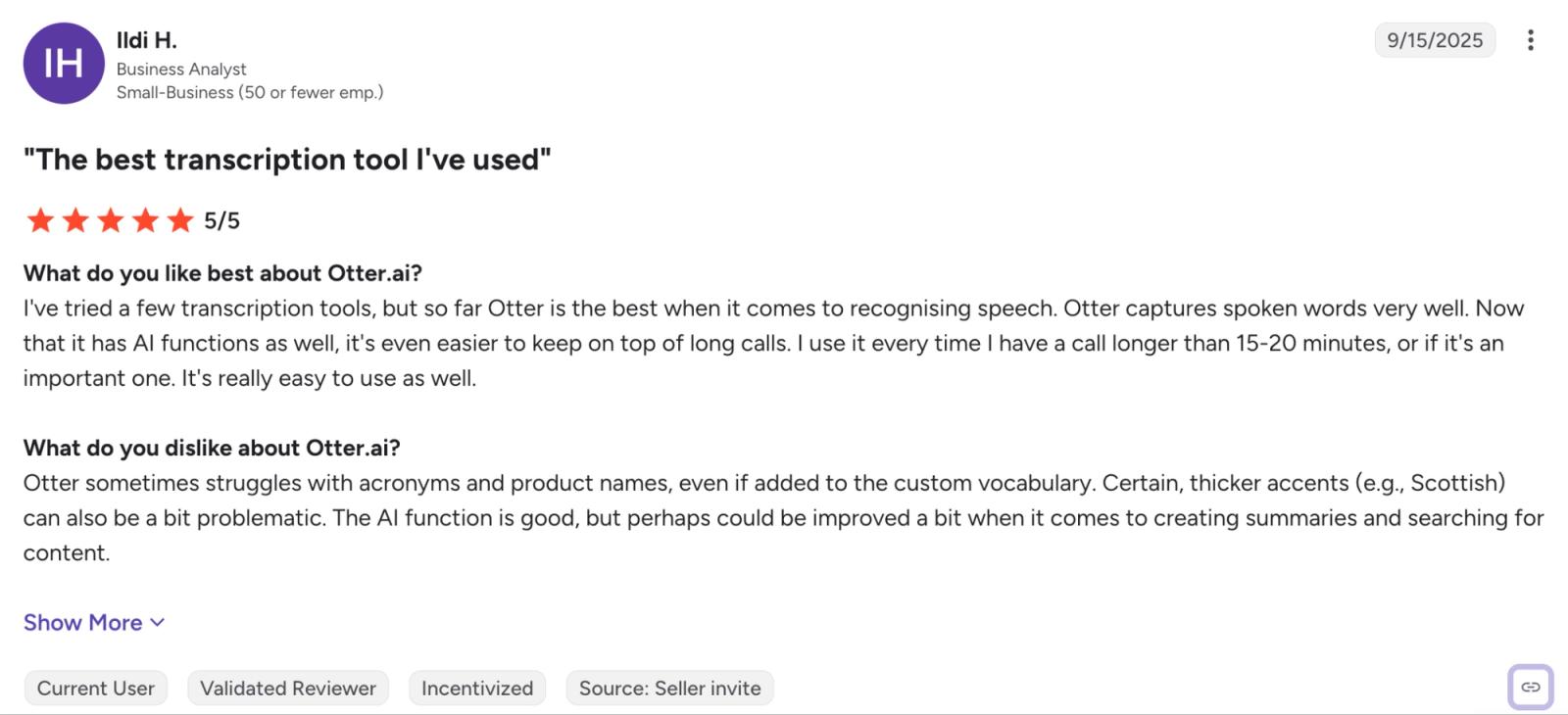 G2 reviewer on Otter’s transcription strengths and limitations