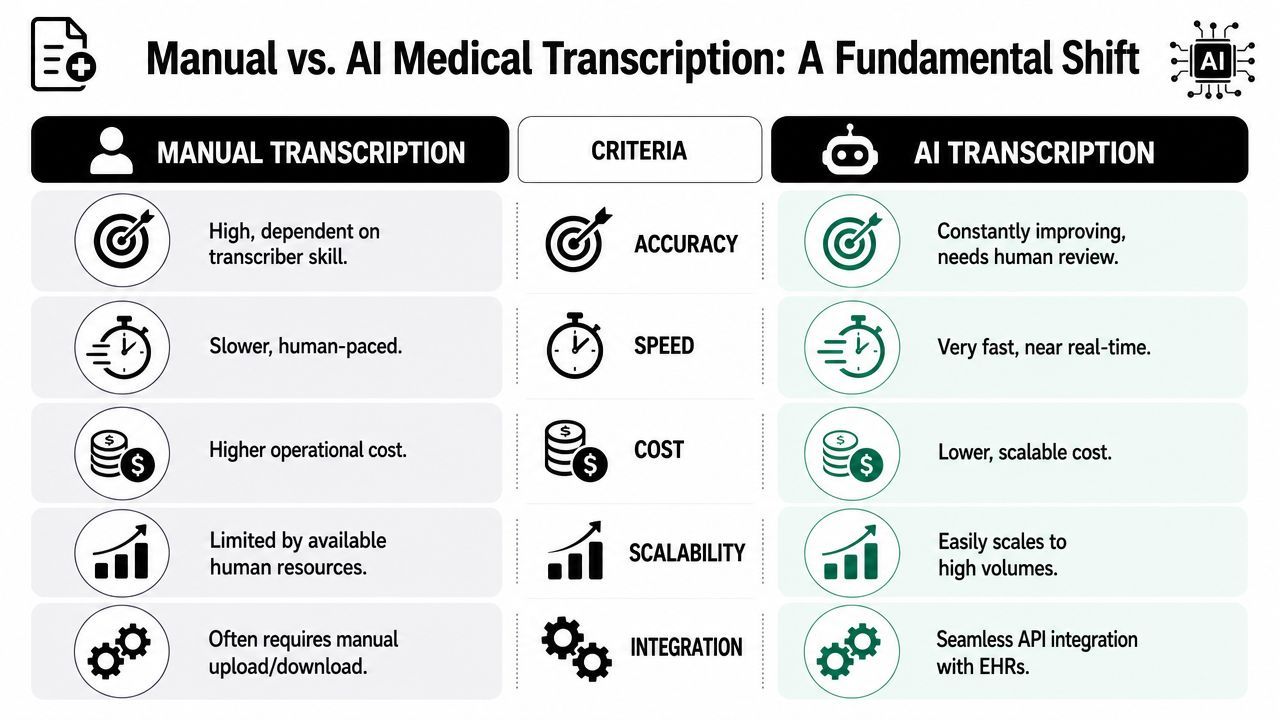 A comparison table outlining the key differences between manual and AI-powered medical transcription processes across five criteria.