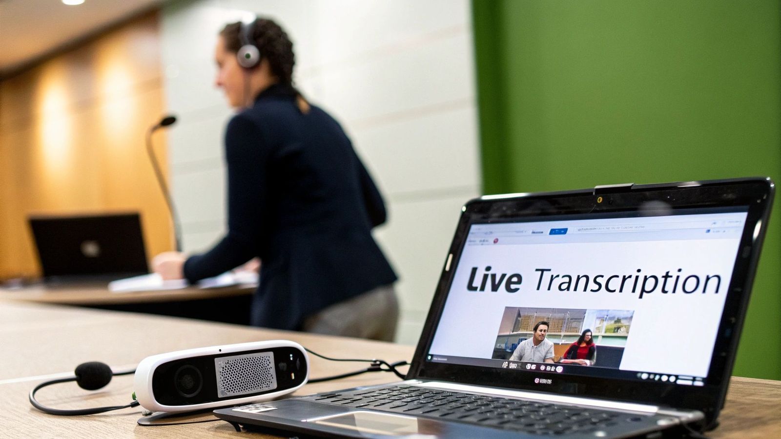 A laptop displays live transcription of a video conference, with an interpreter working in the background.