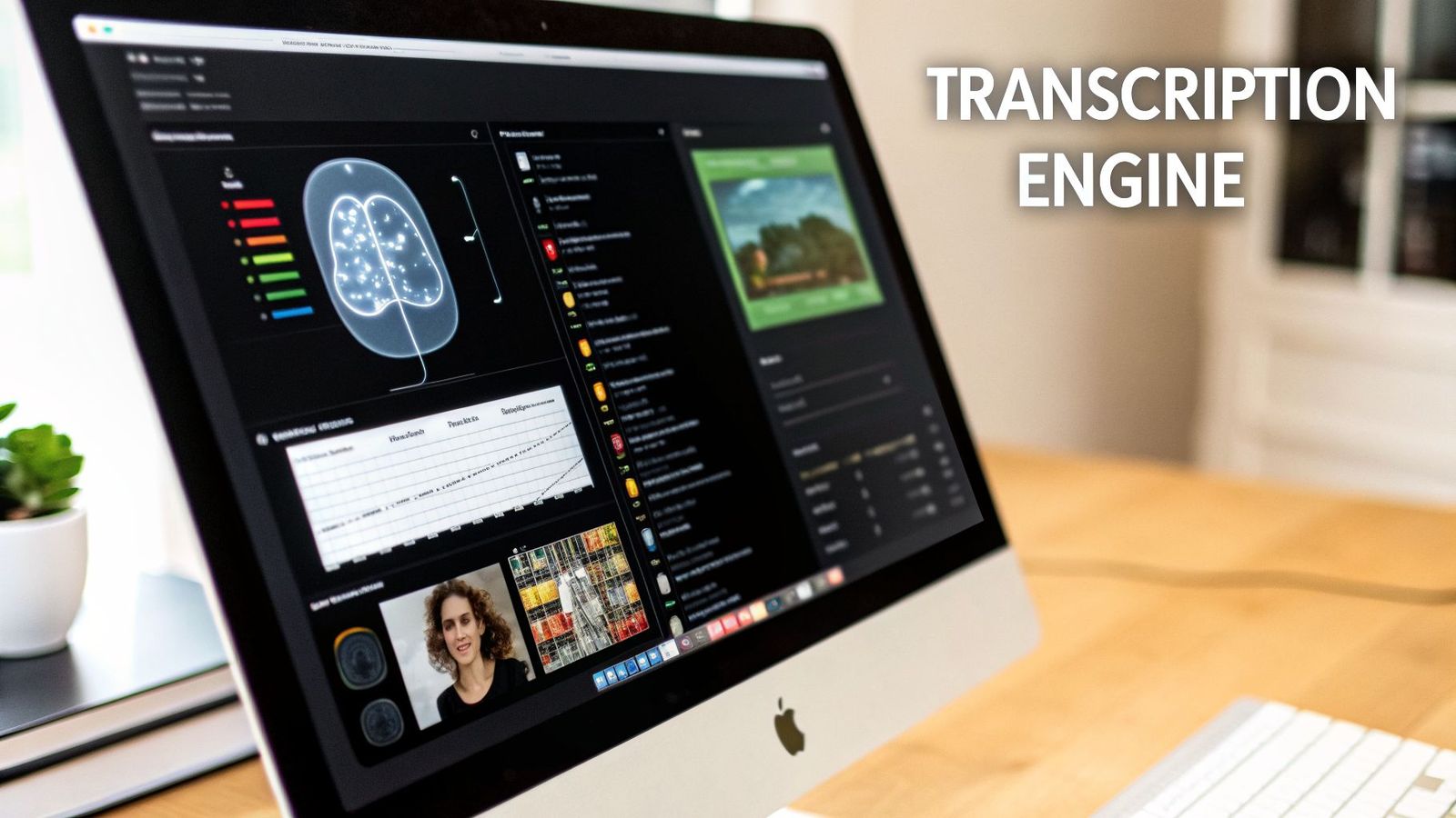 An Apple iMac computer showing a 'Transcription Engine' software interface with data visualizations.