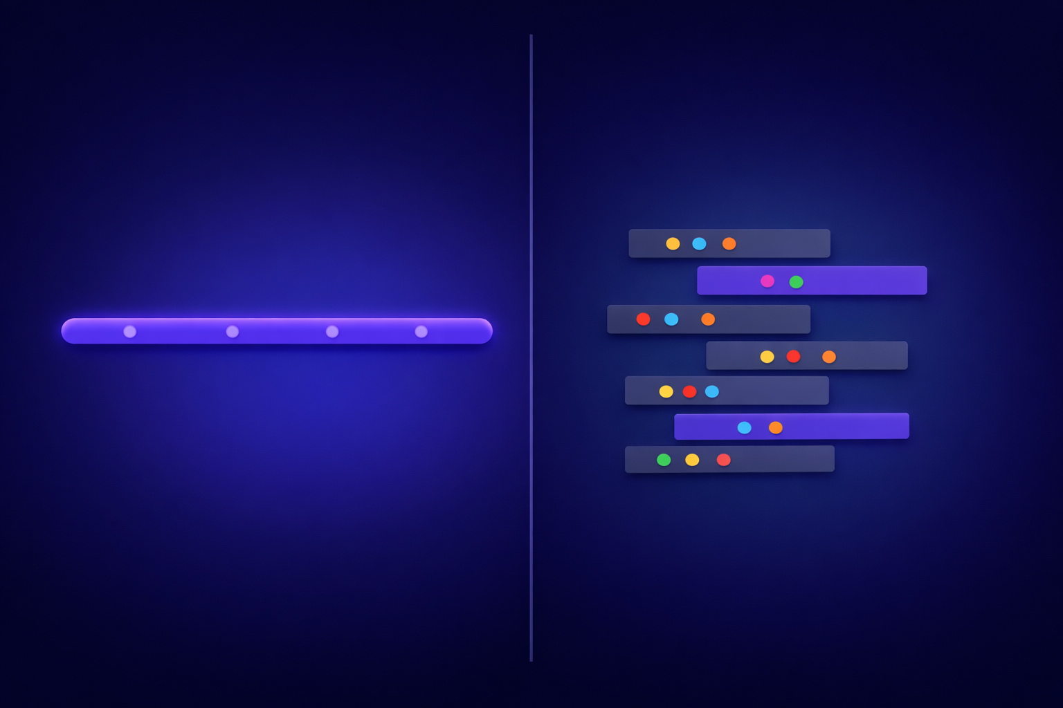 Diagram contrasting a single continuous transcript with consistent speaker colors against the same audio split into six fragments where speaker colors reset at each boundary.