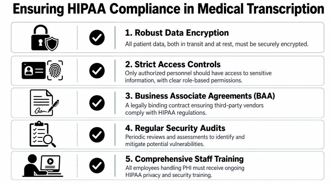 A five-point infographic detailing essential steps for maintaining HIPAA compliance in medical transcription services.