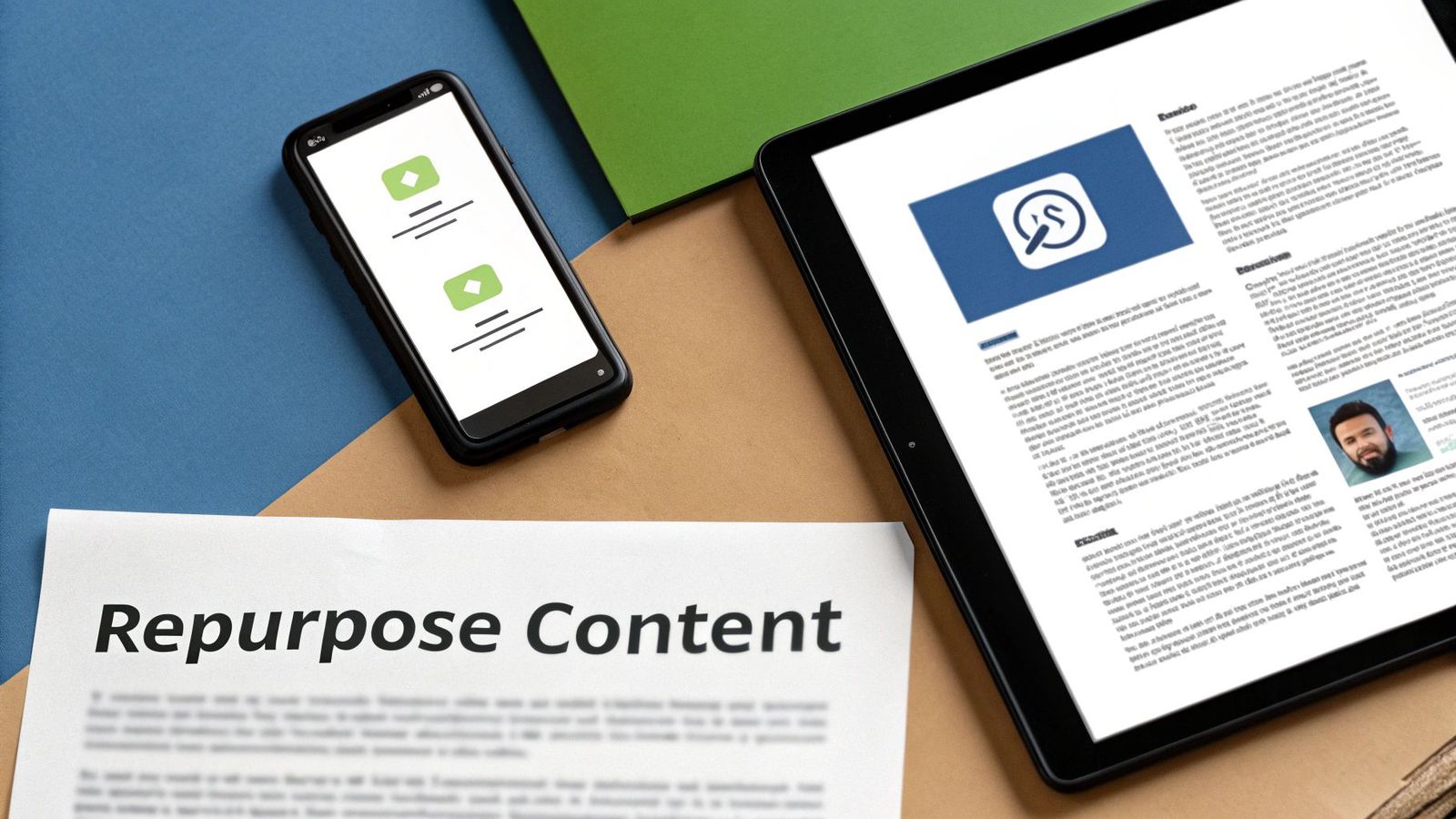A person at a desk surrounded by icons representing different content types like blogs, social media, and email, showing content repurposing.