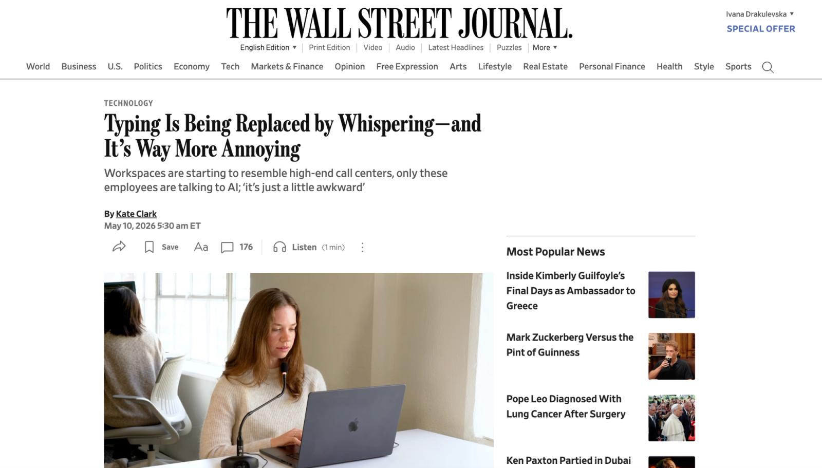 WSJ on AI voice dictation at work