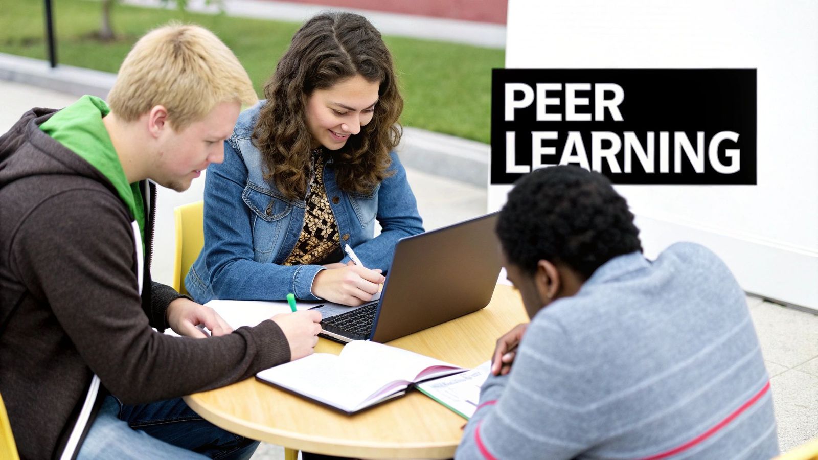 Three diverse students engage in peer learning outdoors with books and a laptop.