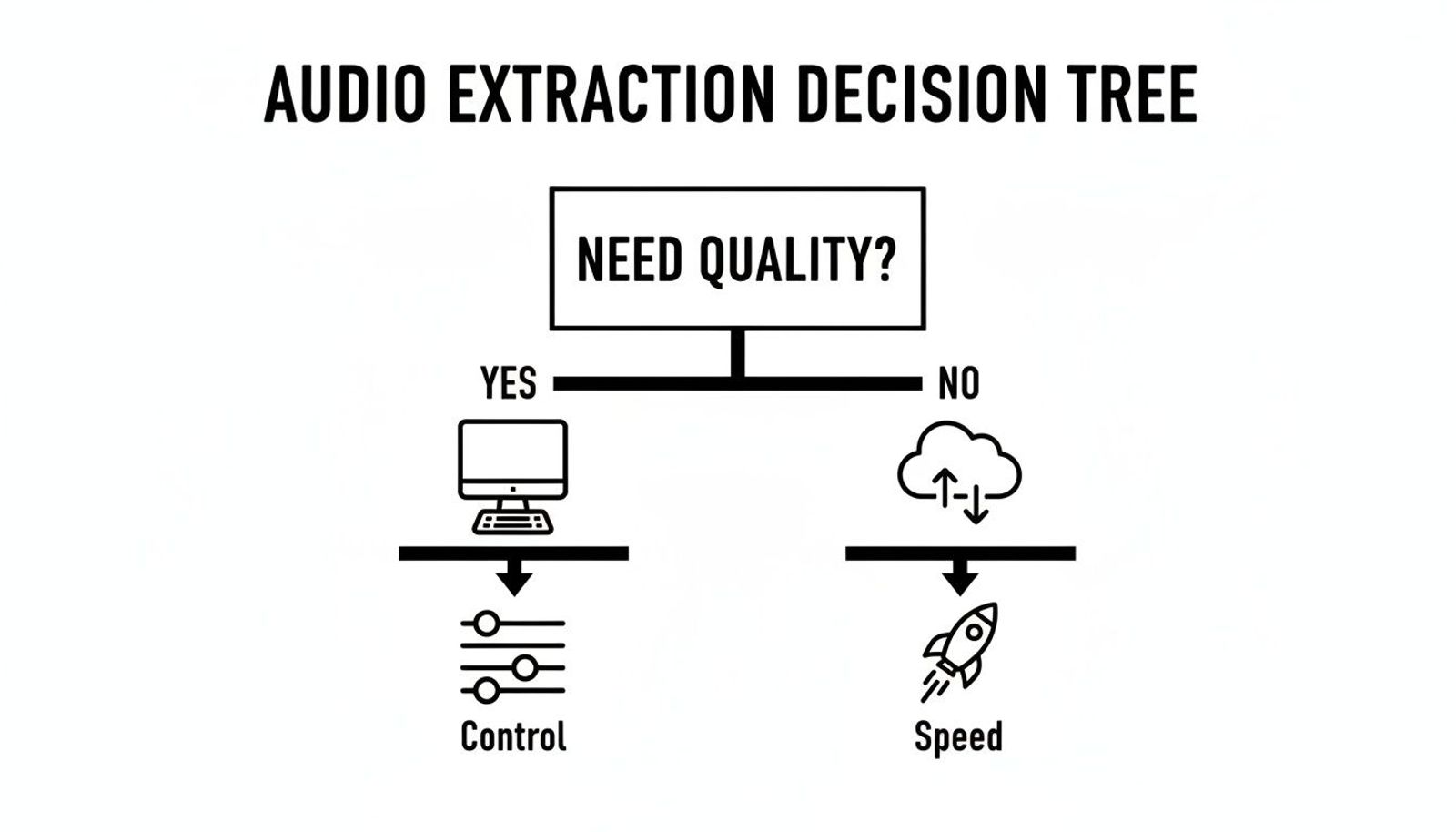A decision tree for audio extraction: if quality is needed, use a computer for control; if not, use cloud for speed.