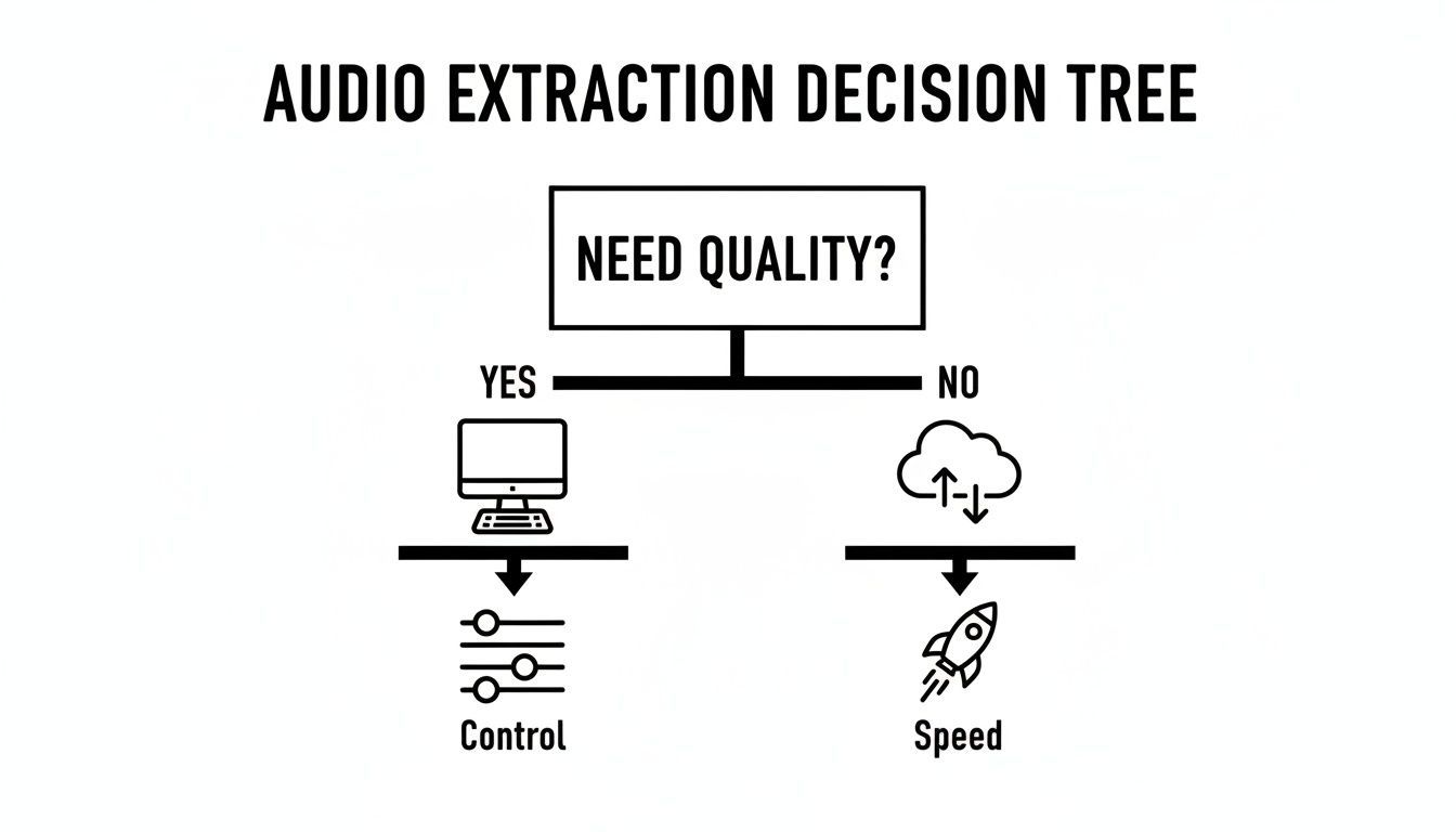 A decision tree for audio extraction: if quality is needed, use a computer for control; if not, use cloud for speed.
