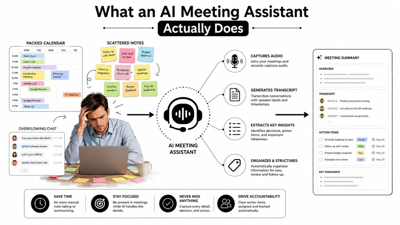 A diagram illustrating how an AI meeting assistant transforms chaotic work tasks into organized meeting summaries.