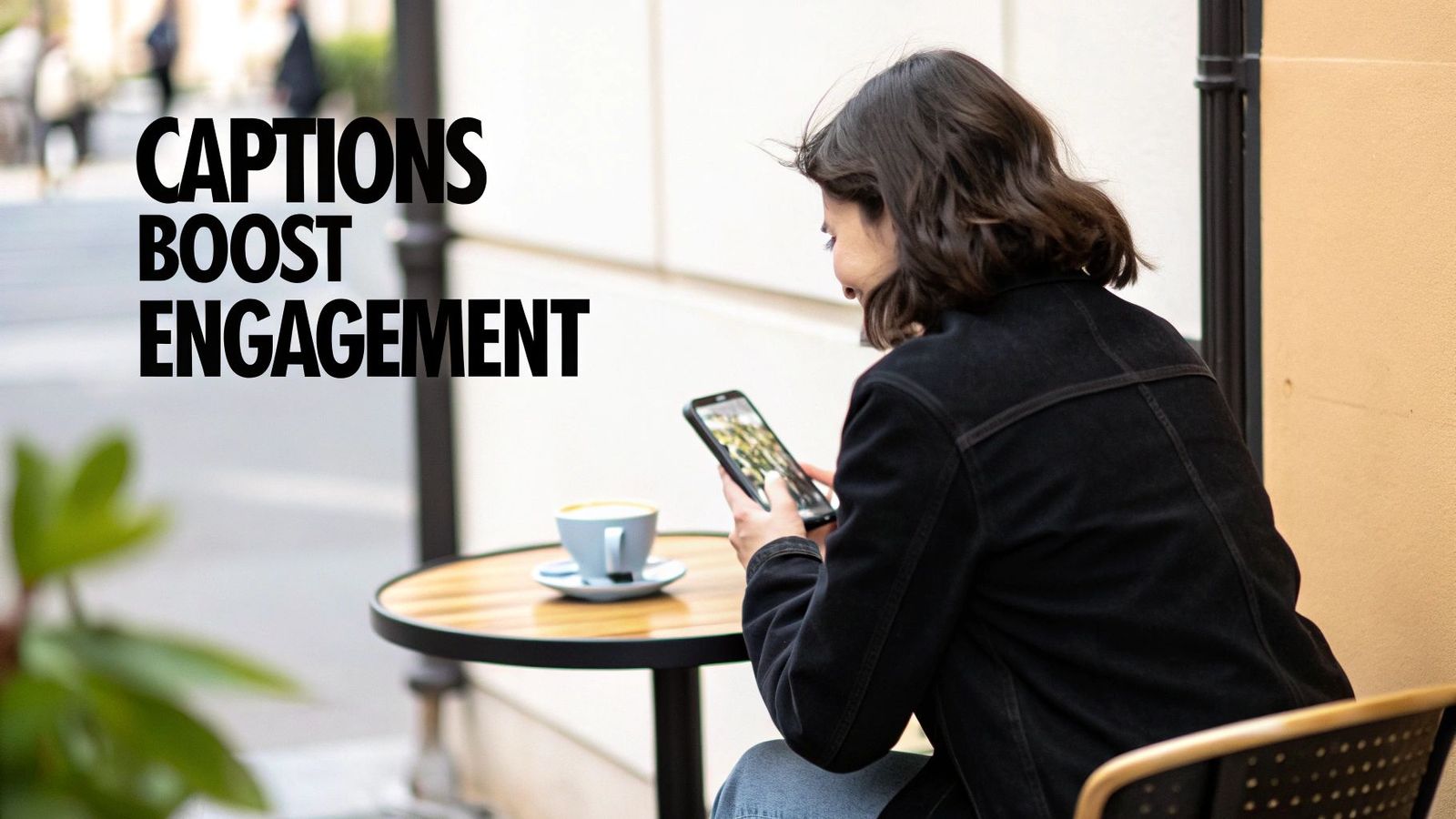 A woman at an outdoor cafe looks at her phone with coffee. Text: 'CAPTIONS BOOST ENGAGEMENT'.
