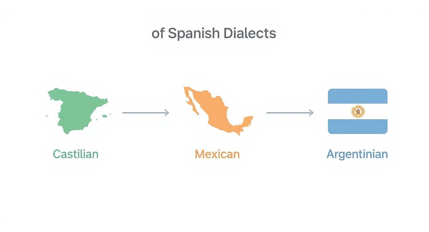 Infographic showing a process flow for handling Spanish dialects: Castilian, Mexican, and Argentinian.